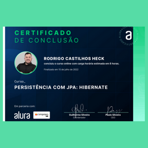 Certificado do curso de PERSISTÊNCIA COM JPA: HIBERNATE